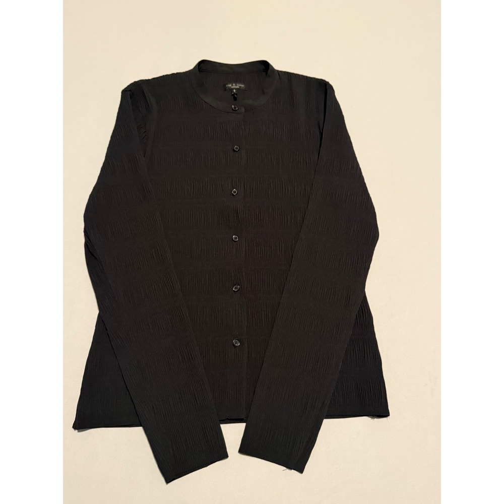 Rag & Bone Black Plisse Crinkle Button Down Band Collar Top Blouse Large - Picture 14 of 14